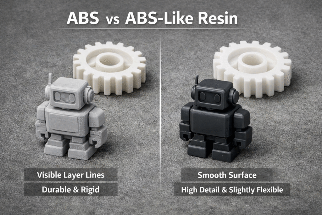 ABS vs ABS-like resin 3D print comparison showing layer lines vs smooth detailed surface